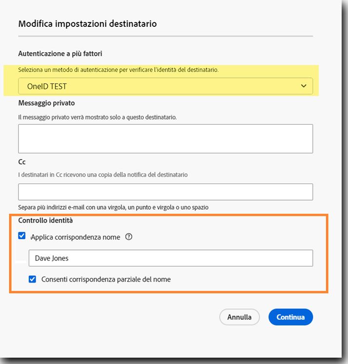 Visualizzazione per i mittenti delle impostazioni del destinatario quando è consentita una corrispondenza parziale del nome