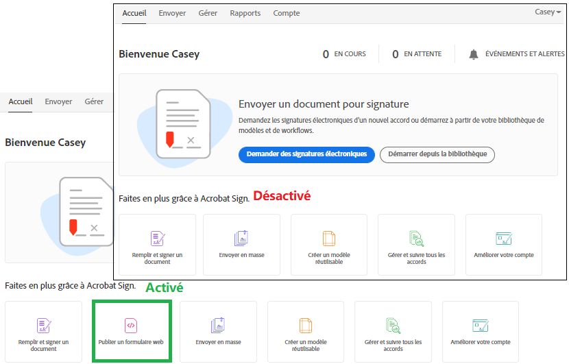 Effet de la fonction Autoriser l’utilisation de formulaires web sur la page d’accueil