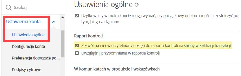 Elementy sterujące nieuwierzytelnionym dostępem do raportów kontroli