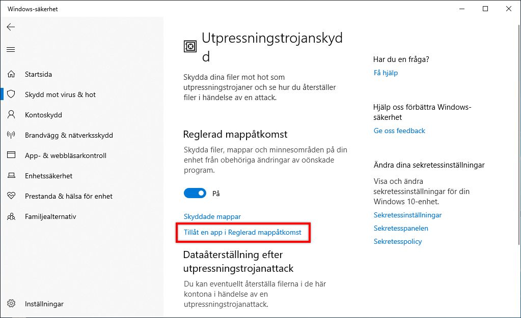 Tillåt ett program via Kontrollerad mappåtkomst