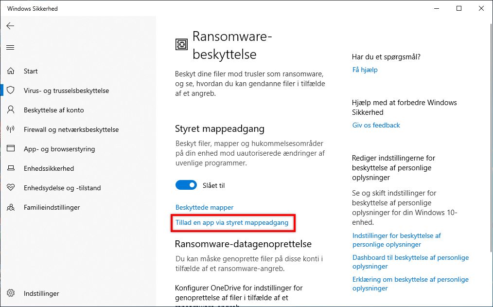 Undtag et program fra kontrolleret mappeadgang
