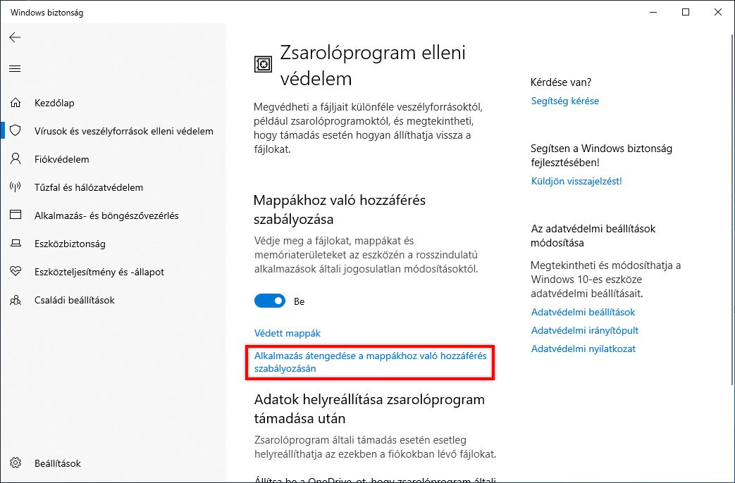 Alkalmazás engedélyezése a Szabályozott mappahozzáférés révén