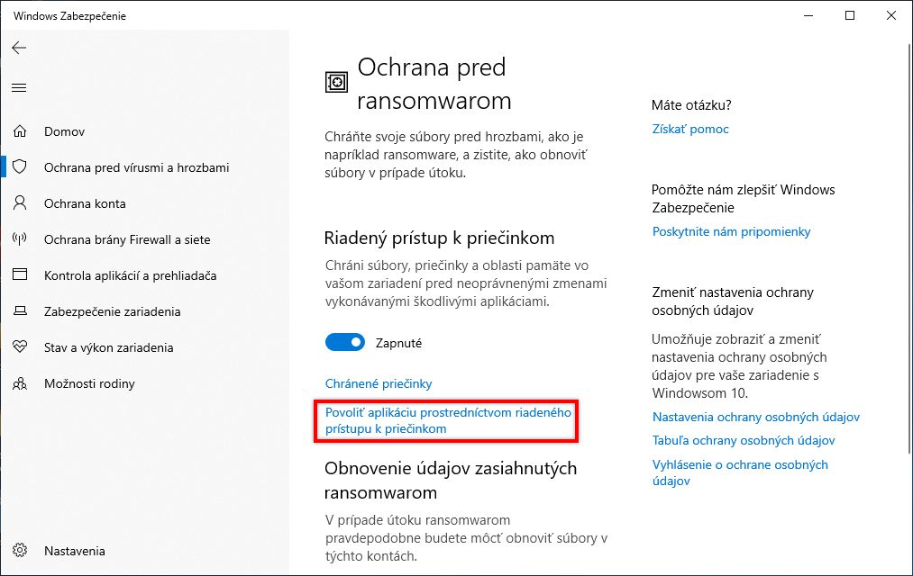 Povoľte aplikáciu prostredníctvom riadeného prístupu k priečinkom