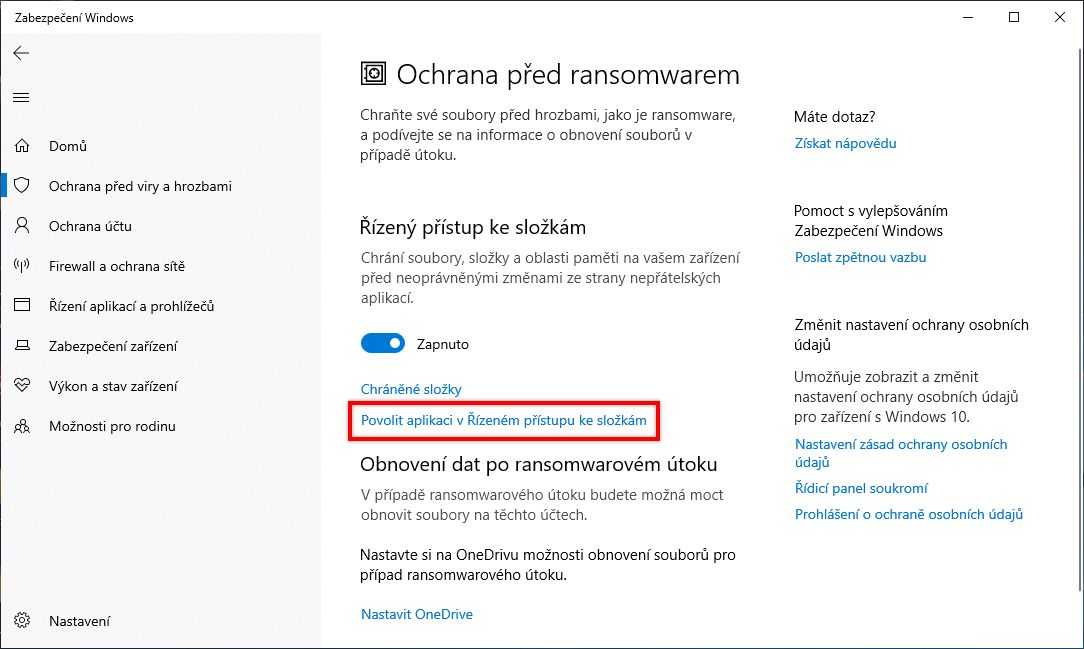 Povolení aplikace pomocí řízeného přístupu ke složkám