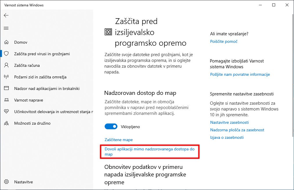 Dovoli aplikaciji prek kontroliranega dostopa do mape