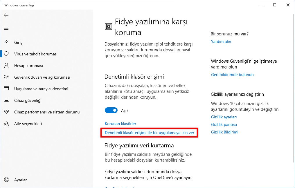 Kontrollü klasör erişimi yoluyla bir uygulamaya izin verme