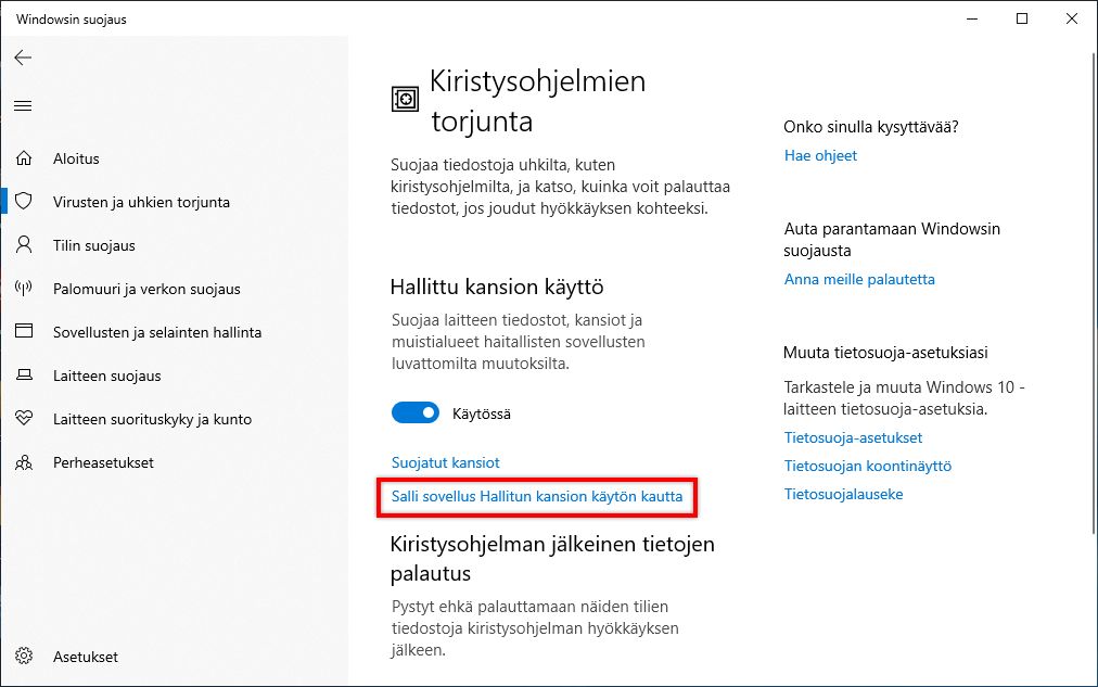 Salli sovellus Hallittu kansion käyttö -ominaisuudessa