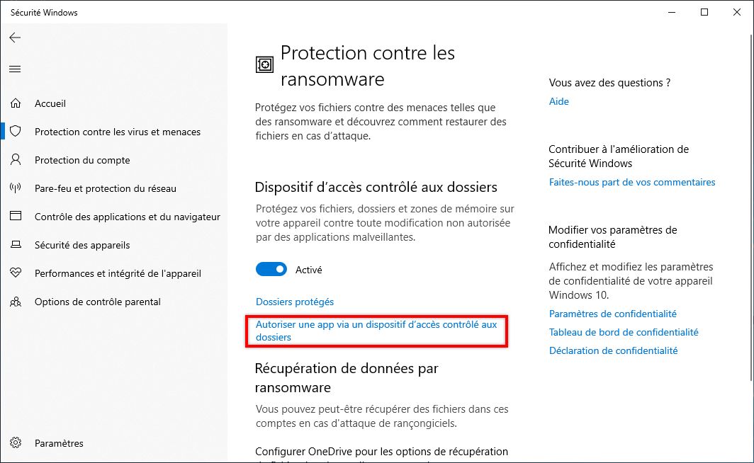 Autoriser une application via l’accès contrôlé aux dossiers