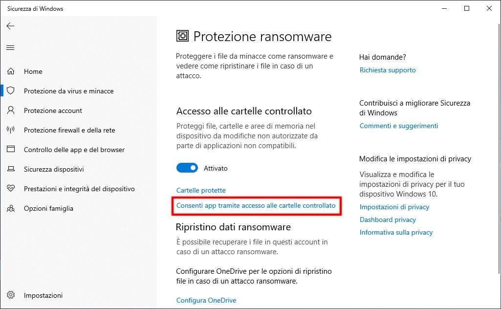Consenti le app tramite l&#39;accesso controllato alle cartelle