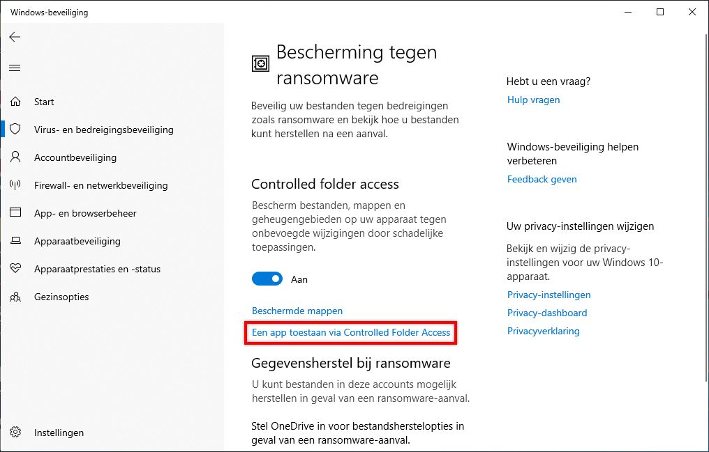 Een app toestaan via Controlled Folder Access