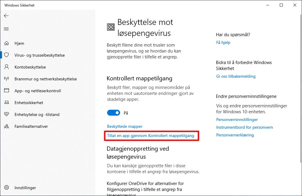 Tillat en app ved hjelp av kontrollert mappetilgang