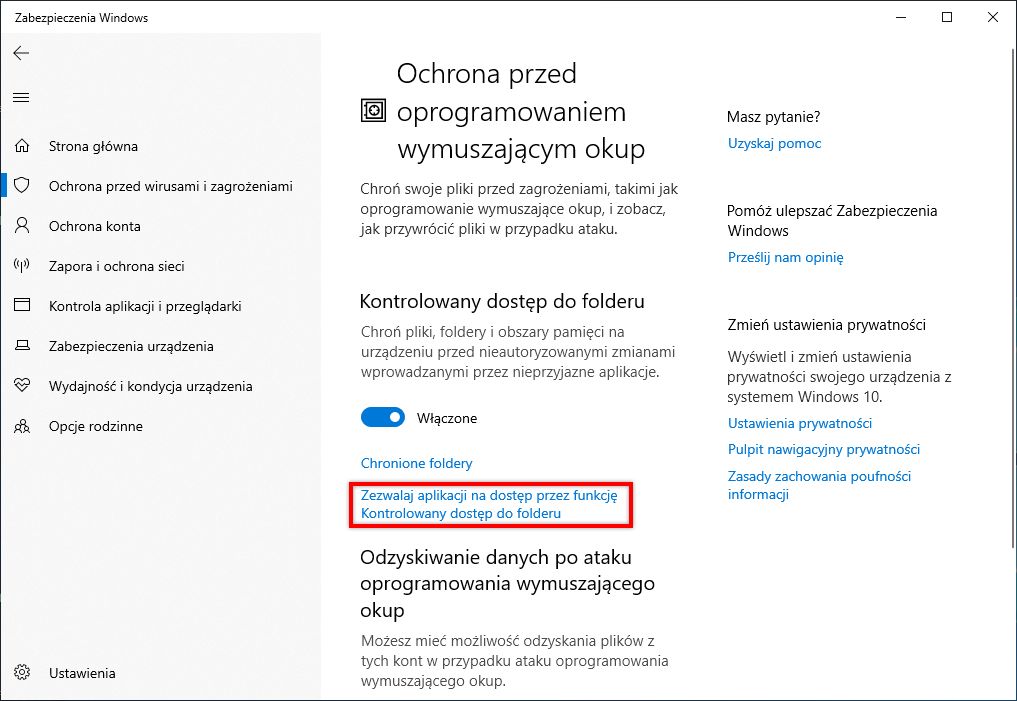 Zezwól aplikacji na dostęp przez funkcję Kontrolowany dostęp do folderów