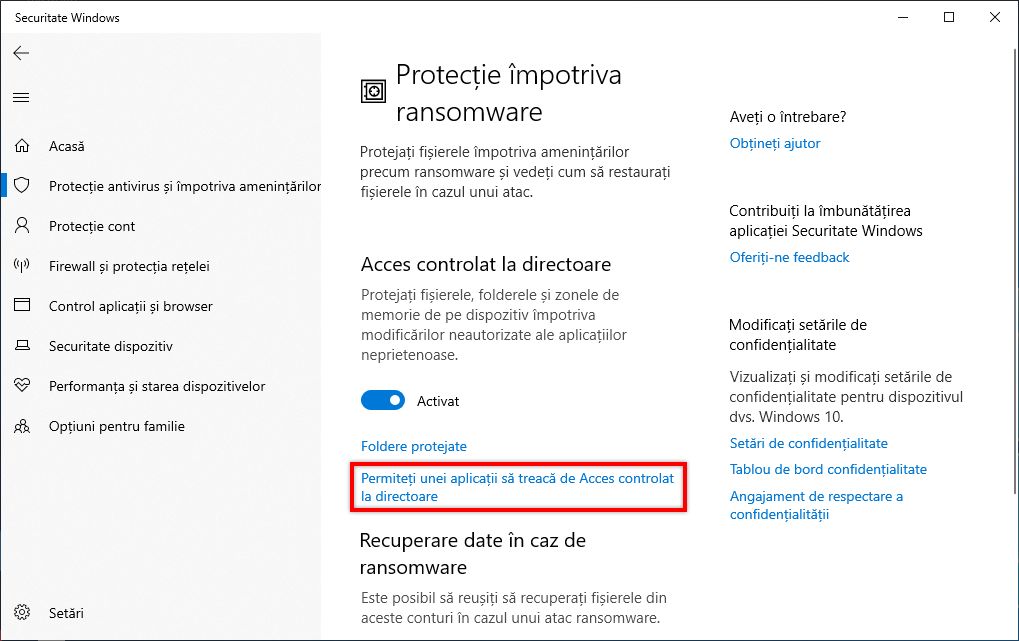 Se permite o aplicație prin Acces controlat la folder