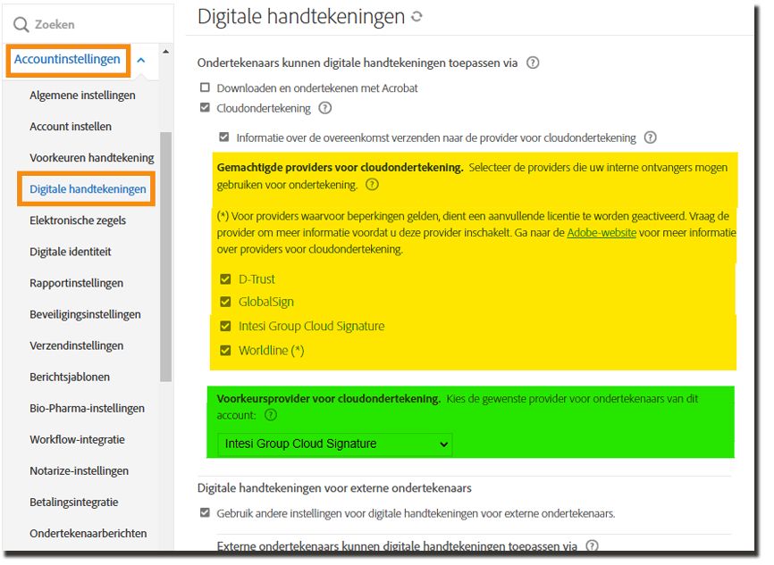 De pagina Configuratie digitale handtekening met de opties Toegestane en Voorkeurshandtekeningprovider gemarkeerd.