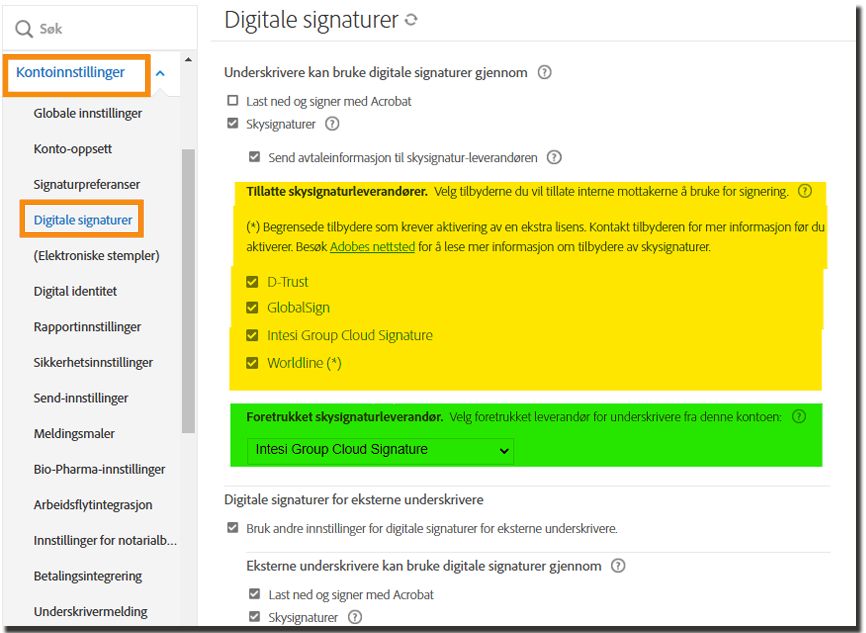 Konfigurasjonssiden for digital signatur med alternativene Tillatt og Foretrukket signaturleverandør uthevet.