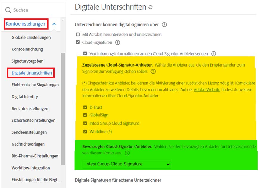 Die Seite „Konfiguration für digitale Signaturen“, auf der die Optionen für zulässige und bevorzugte Signaturanbieter hervorgehoben sind.