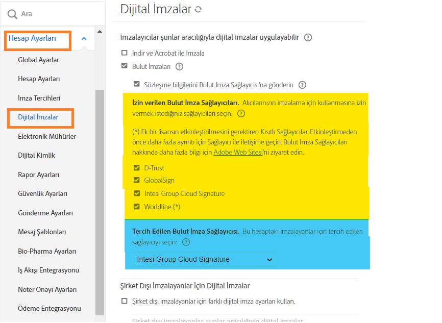 İzin Verilen ve Tercih Edilen imza sağlayıcısı seçeneklerinin vurgulandığı Dijital İmza yapılandırma sayfası.