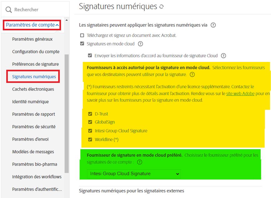 Page de configuration Signature numérique avec les options de fournisseur de signature autorisé et préférentiel mises en évidence.