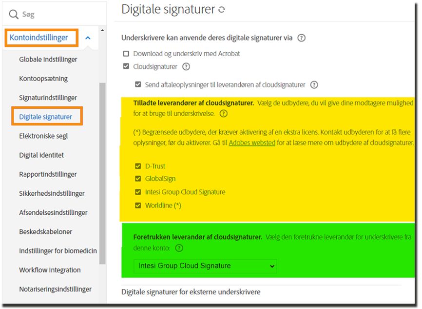 Konfigurationssiden for digitale signaturer med indstillingerne Tilladt og Foretrukken signaturleverandør fremhævet.