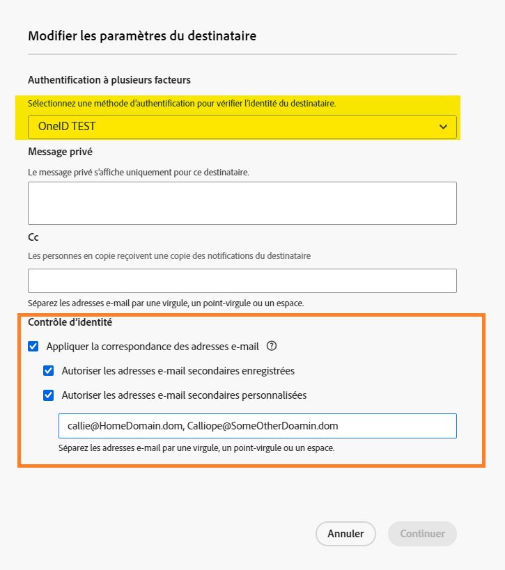 Affichage des paramètres du destinataire pour l’expéditeur lorsque les adresses e-mail secondaires sont autorisées