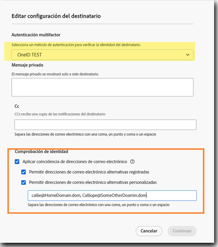 Vista de los remitentes de la configuración del destinatario cuando se permiten otros correos electrónicos