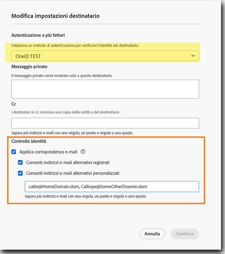 Visualizzazione per i mittenti delle impostazioni del destinatario quando sono consentite e-mail alternative