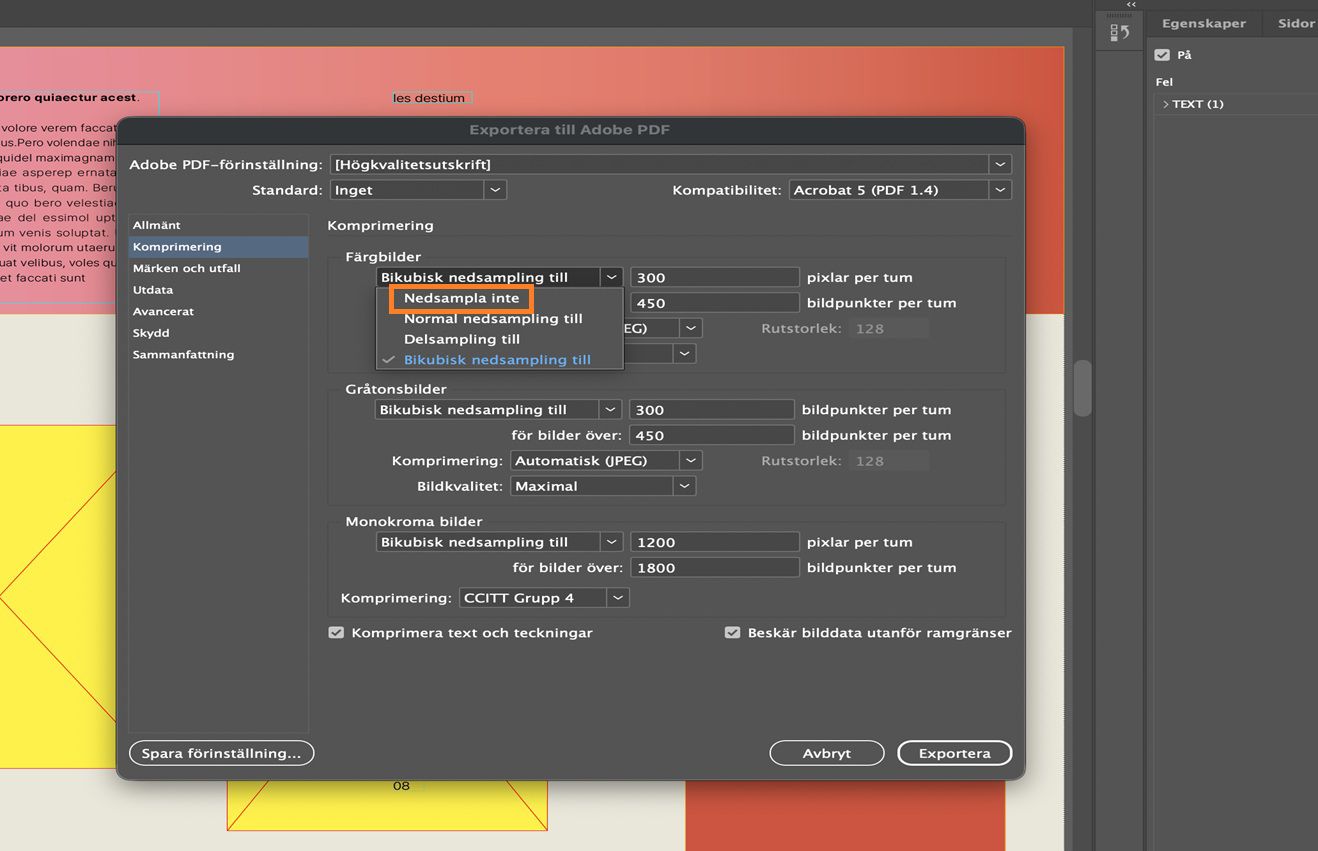 Ett InDesign-dokument som visar dialogrutan Exportera Adobe PDF med fliken Komprimering vald och Sampla inte ned för färgbilder markerad.