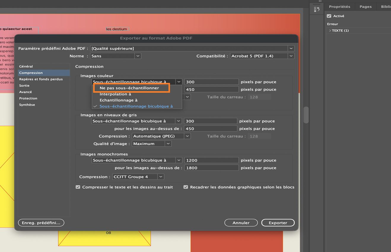 Un document InDesign montrant la boîte de dialogue Exporter Adobe PDF avec l’onglet Compression sélectionné et l’option Ne pas sous-échantillonner pour les images couleur mise en surbrillance.
