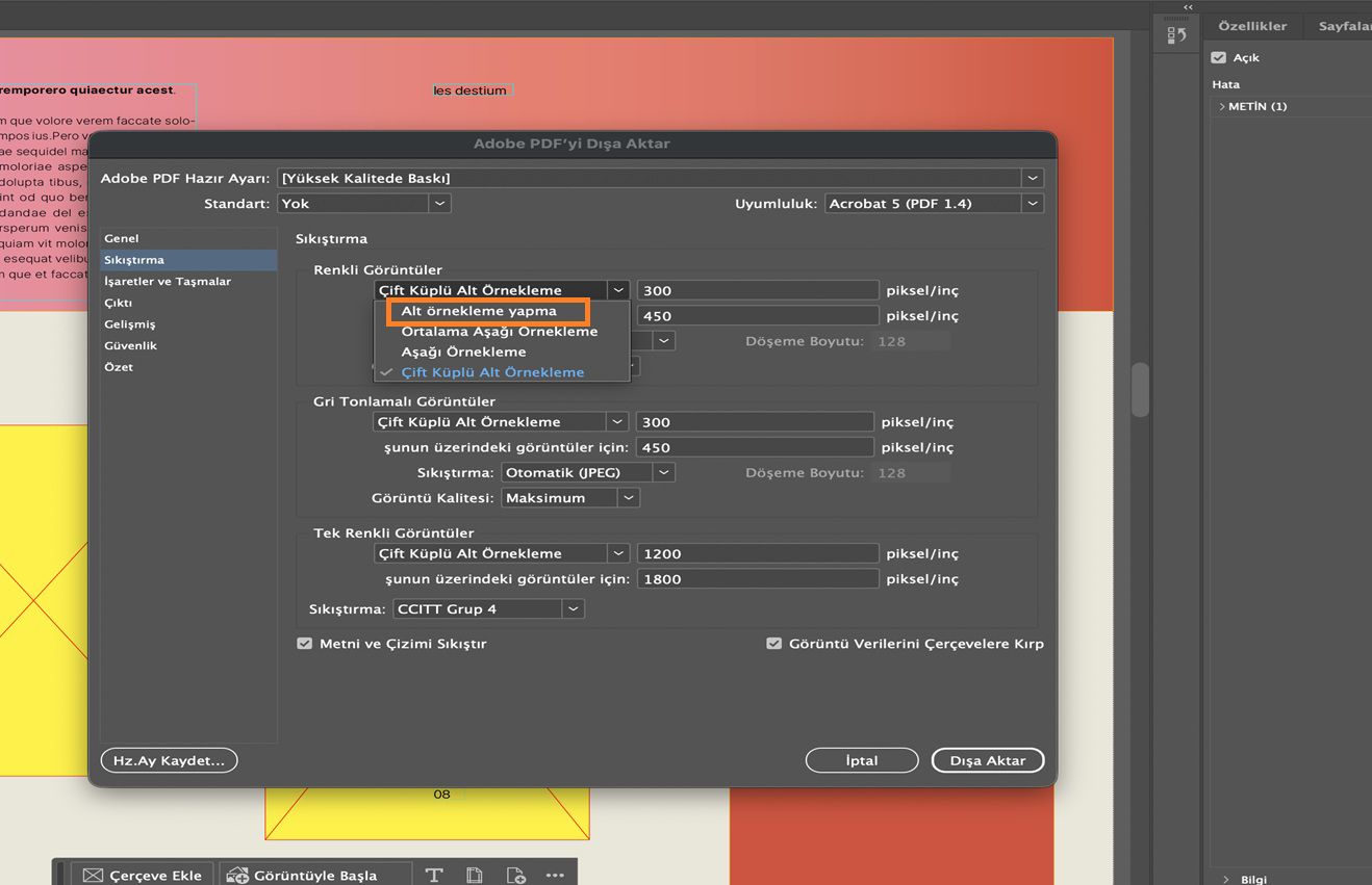 Adobe PDF’ye Dışa Aktar iletişim kutusunun, Sıkıştırma sekmesi seçili ve Renkli Görüntülerde Görüntü Boyutunu Düşürme seçeneği vurgulanmış halde gösterildiği bir InDesign belgesi.