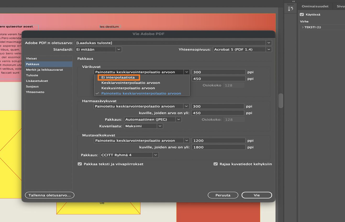 InDesign-julkaisu, jossa näkyy Vie Adobe PDF -valintaikkuna Pakkaus-välilehti valittuna. Värikuvien Ei interpolointia -valinta näkyy korostettuna.