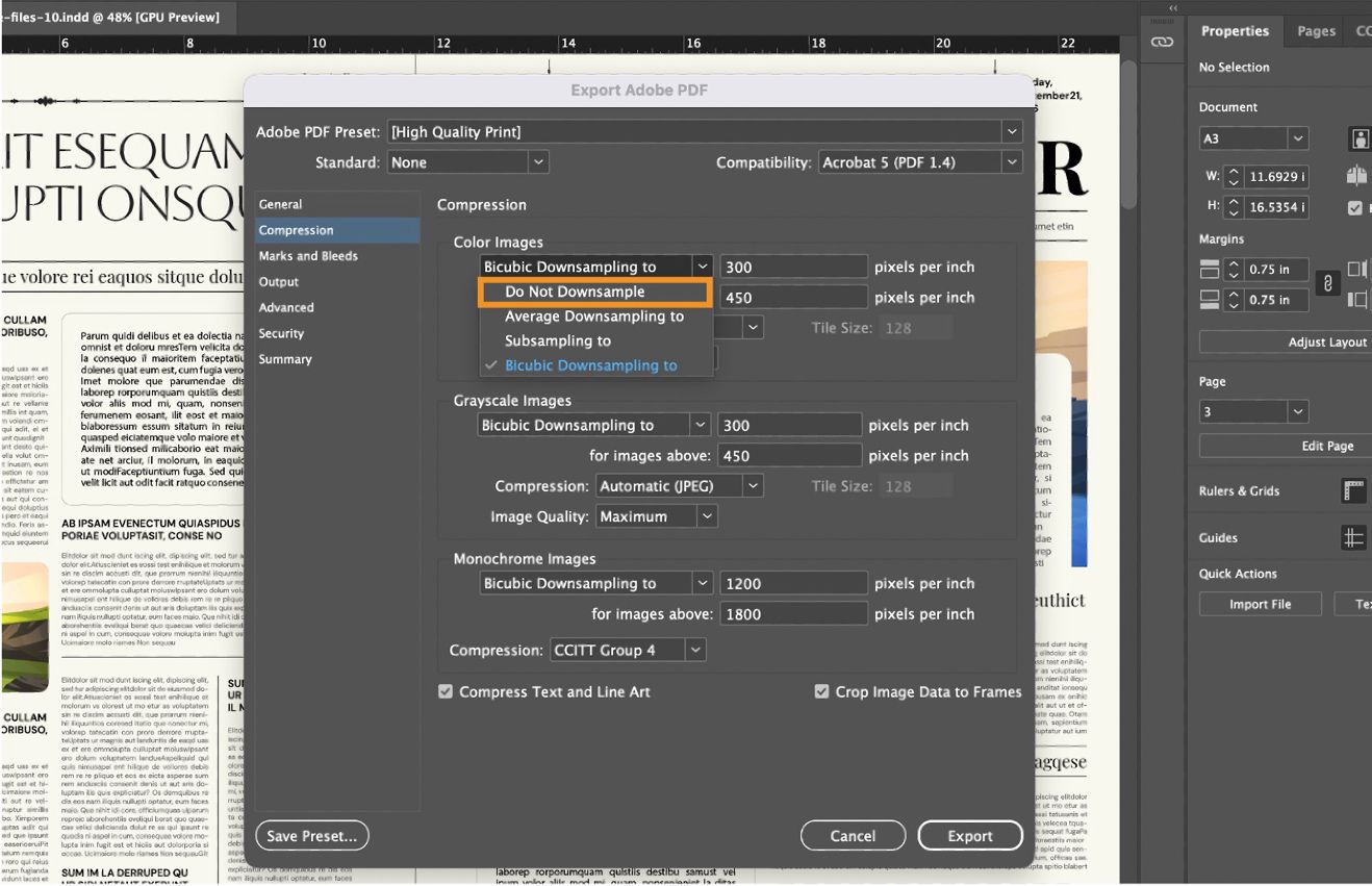 מסמך InDesign המציג את תיבת הדו-שיח Export Adobe PDF עם הכרטיסייה Compression נבחרת ו-Do Not Downsample for Color Images מודגש.