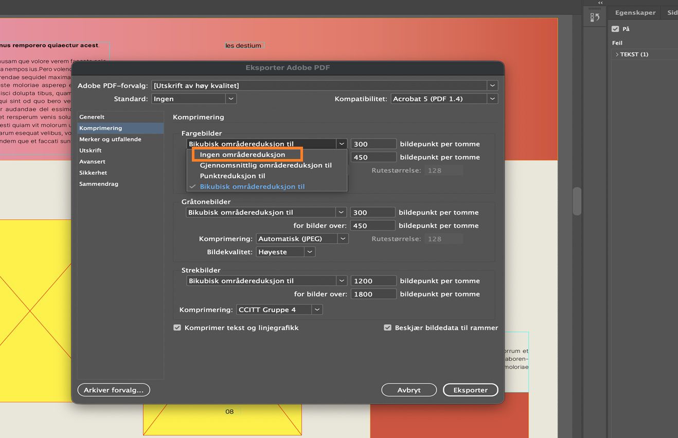 Et InDesign-dokument som viser dialogboksen Eksporter Adobe PDF med kategorien Komprimering valgt og Ikke nedskalér for fargebilder uthevet.