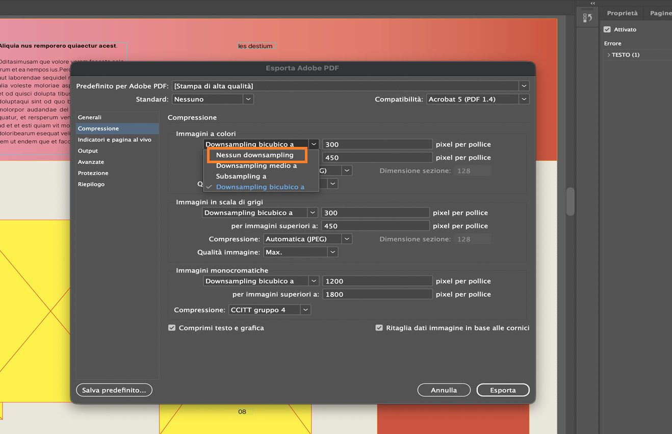 Un documento InDesign che mostra la finestra di dialogo Esportazione Adobe PDF con la scheda Compressione selezionata e Non eseguire downsampling per Immagini a colori evidenziata.