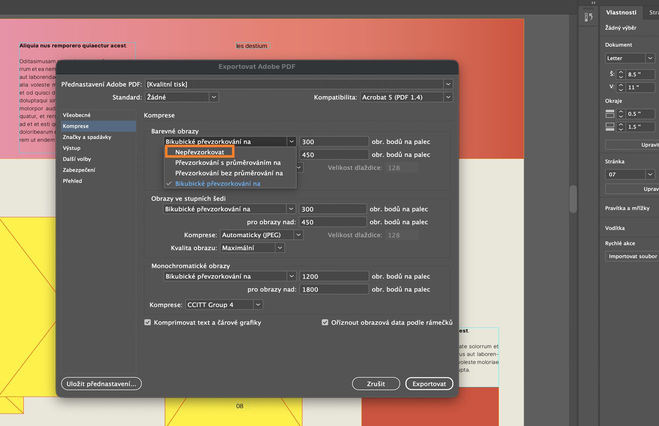 Dokument aplikace InDesign zobrazující dialogové okno Exportovat Adobe PDF s vybranou kartou Komprese a zvýrazněnou možností Nepřevzorkovat pro barevné obrázky.