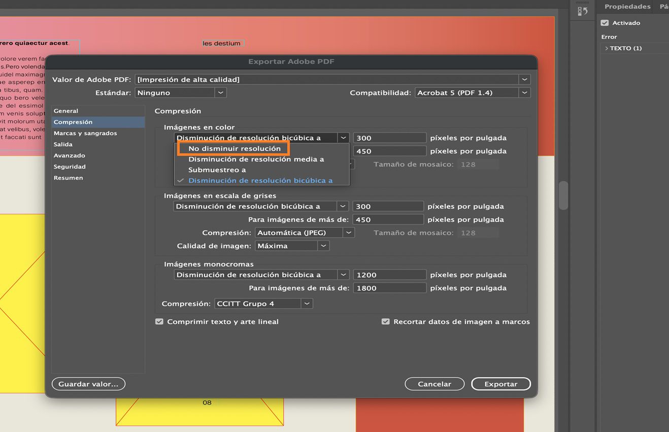 Un documento de InDesign que muestra el cuadro de diálogo Exportar Adobe PDF con la pestaña Compresión seleccionada y No reducir la resolución para imágenes de color resaltada.