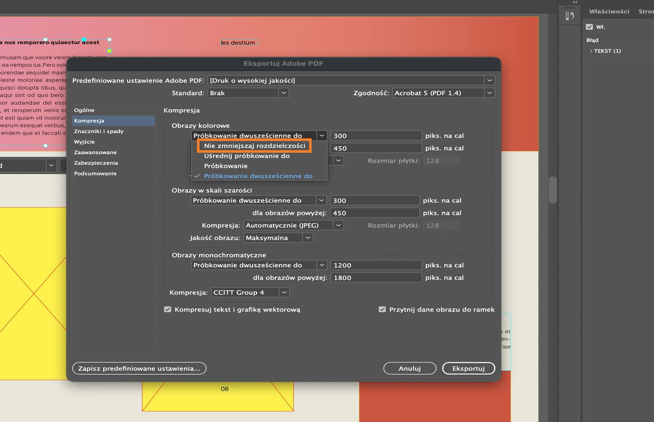 Dokument InDesign pokazujący okno dialogowe Eksportuj Adobe PDF z wybraną kartą Kompresja i podświetloną opcją Nie próbkuj w dół dla obrazów kolorowych.