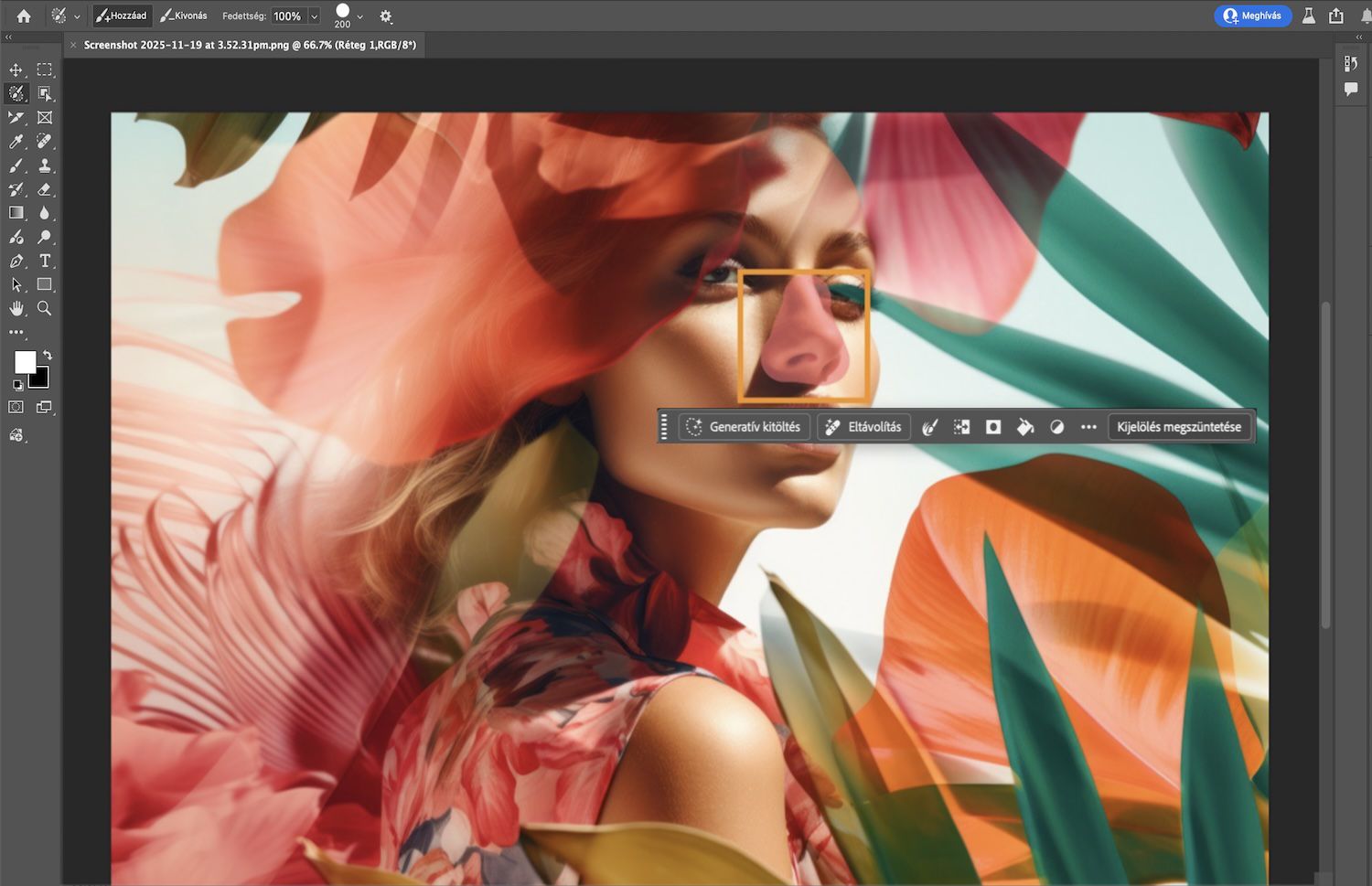 A kép egy személyt ábrázol, virágokkal a hajában.A Kijelölő ecset eszköz piros átfedéssel emeli ki az orrát.