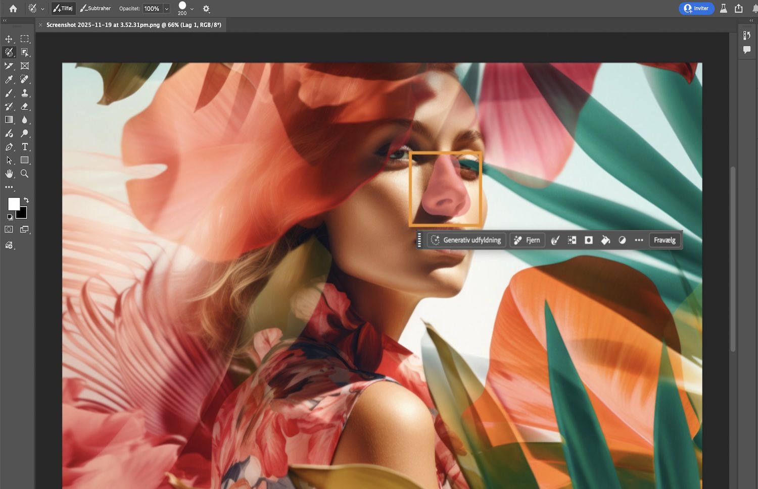 Et billede viser en person med blomster i håret.Markeringspenselværktøjet fremhæver personens næse med en rød overlejring.