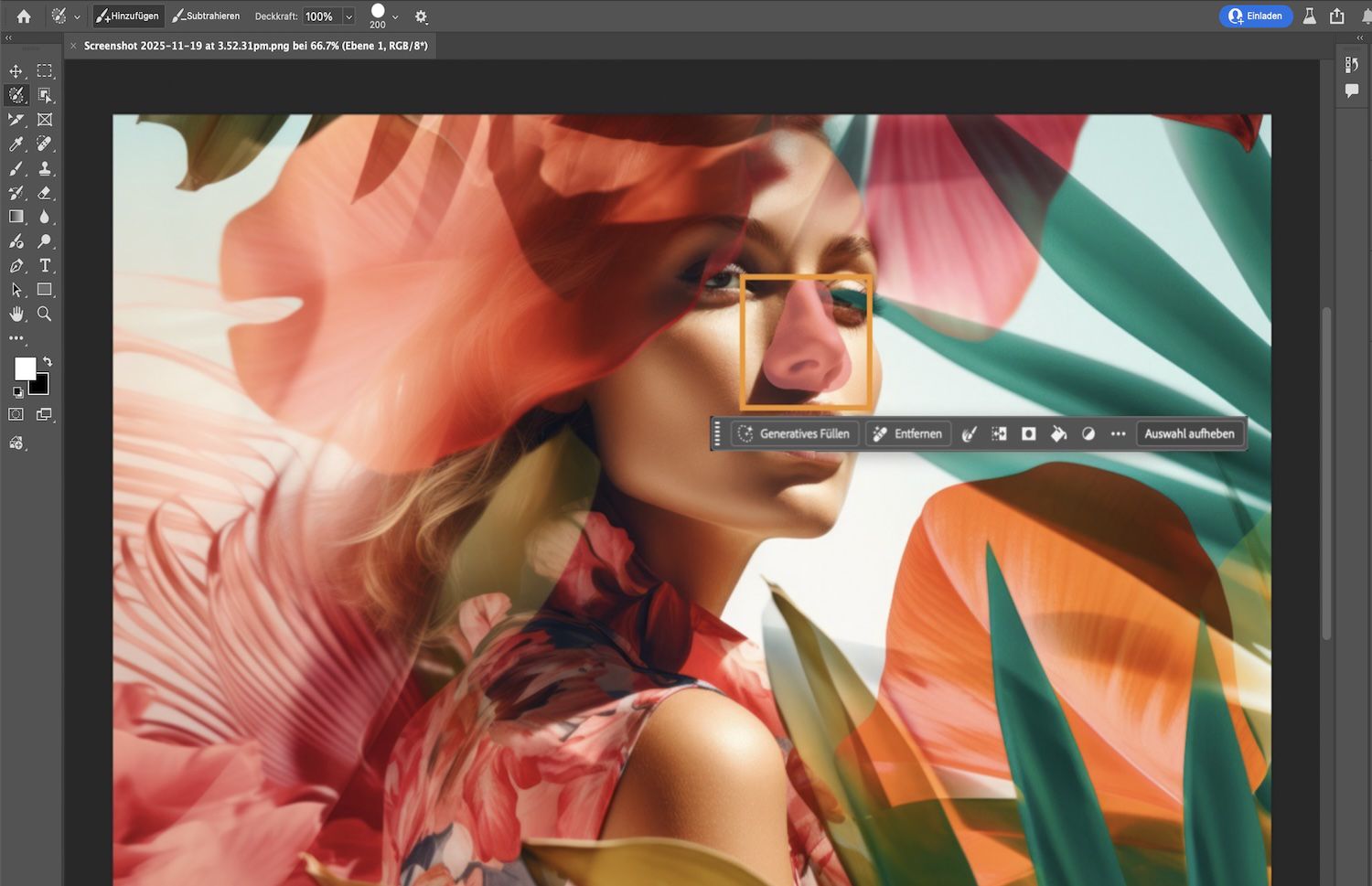 Ein Bild zeigt eine Person mit Blumen im Haar. Das Auswahlpinsel-Werkzeug hebt ihre Nase mit einem roten Overlay hervor.