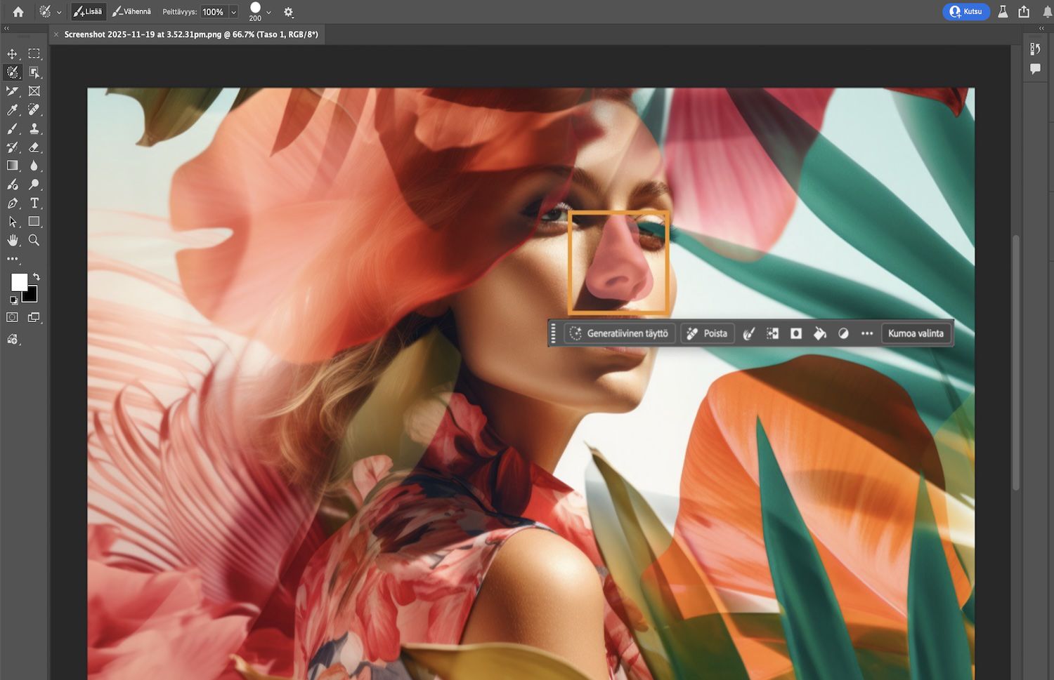 Kuvassa näkyy henkilö, jolla on kukkia hiuksissaan. Valintasiveltimellä on valittu hänen nenänsä, ja sen päällä näkyy punainen peitto.