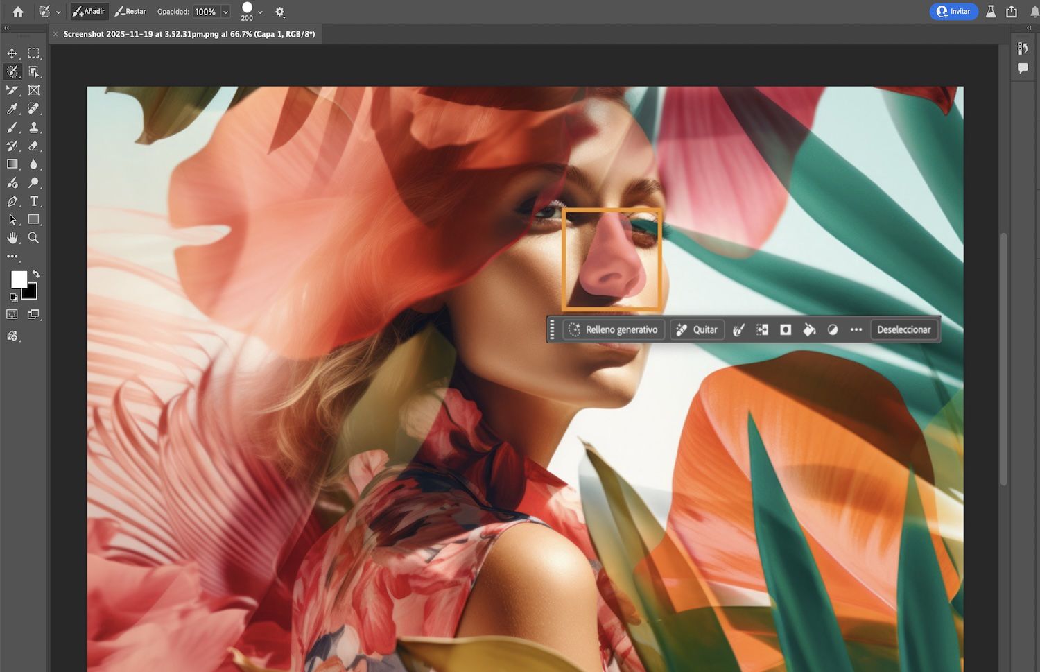 Una imagen muestra a una persona con flores en su cabello.La Herramienta Pincel de selección resalta su nariz con una superposición roja.