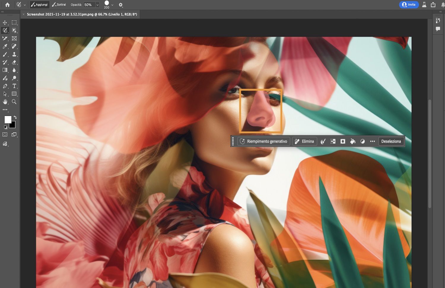 Un'immagine mostra una persona con fiori tra i capelli.Lo Strumento Pennello selezione evidenzia il loro naso con una sovrapposizione rossa.
