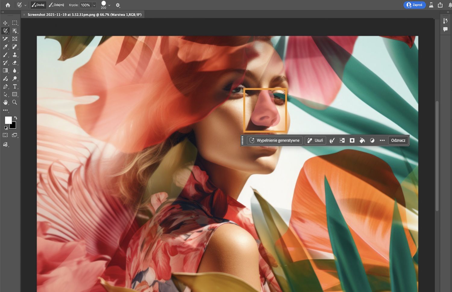 Obraz przedstawia osobę z kwiatami we włosach.Narzędzie Pędzel zaznaczania podświetla jej nos czerwoną nakładką.
