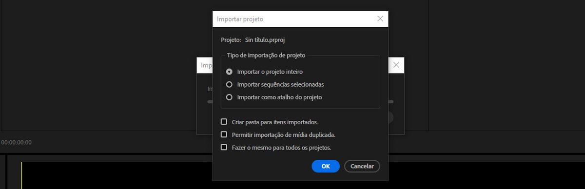 Uma opção selecionada para importar um espaço de trabalho de um projeto salvo para o projeto atual. Imagem