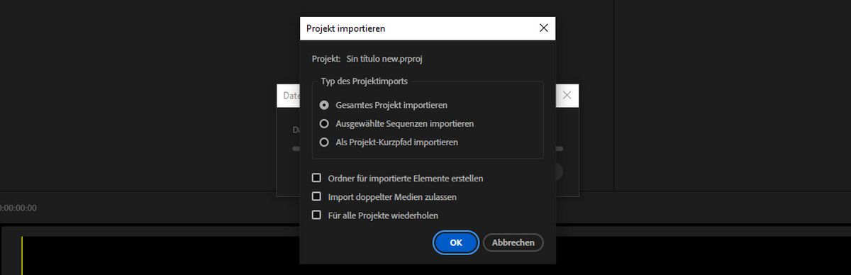 Eine Option ausgewählt, um einen Arbeitsbereich eines gespeicherten Projekts in das aktuelle Projekt zu importieren., Bild