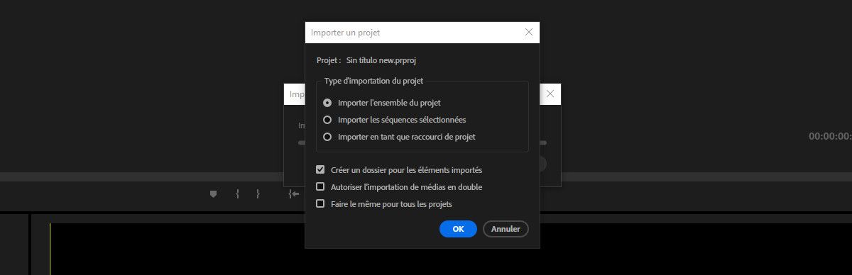 Une option sélectionnée pour importer un espace de travail d’un projet enregistré dans le projet actuel. Image