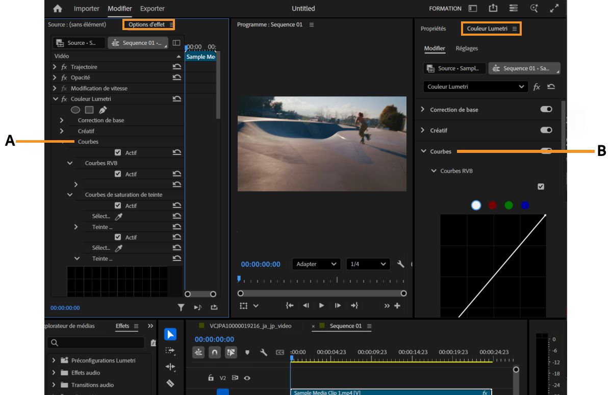 Une vue d’ensemble qui met en évidence les éléments de l’UI pouvant être utilisés pour ajuster les courbes RVB.Deux panneaux et paramètres sont mis en évidence : les panneaux Options d’effet et Couleur Lumetri.