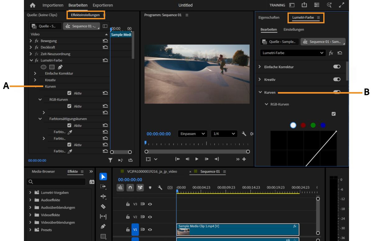 Ein Übersichtsbild, das die Benutzeroberflächen-Elemente hervorhebt, die zur Anpassung der RGB-Kurven verwendet werden können.Es werden zwei Bedienfelder und Einstellungen hervorgehoben: „Effekteinstellungen“ und „Lumetri-Farbe“.