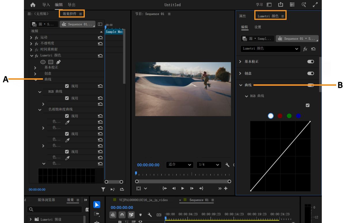 一张概览图，突出显示了可用于调整 RGB 曲线的用户界面元素。有两个突出显示的面板和设置 - 效果控件和 Lumetri 颜色面板。