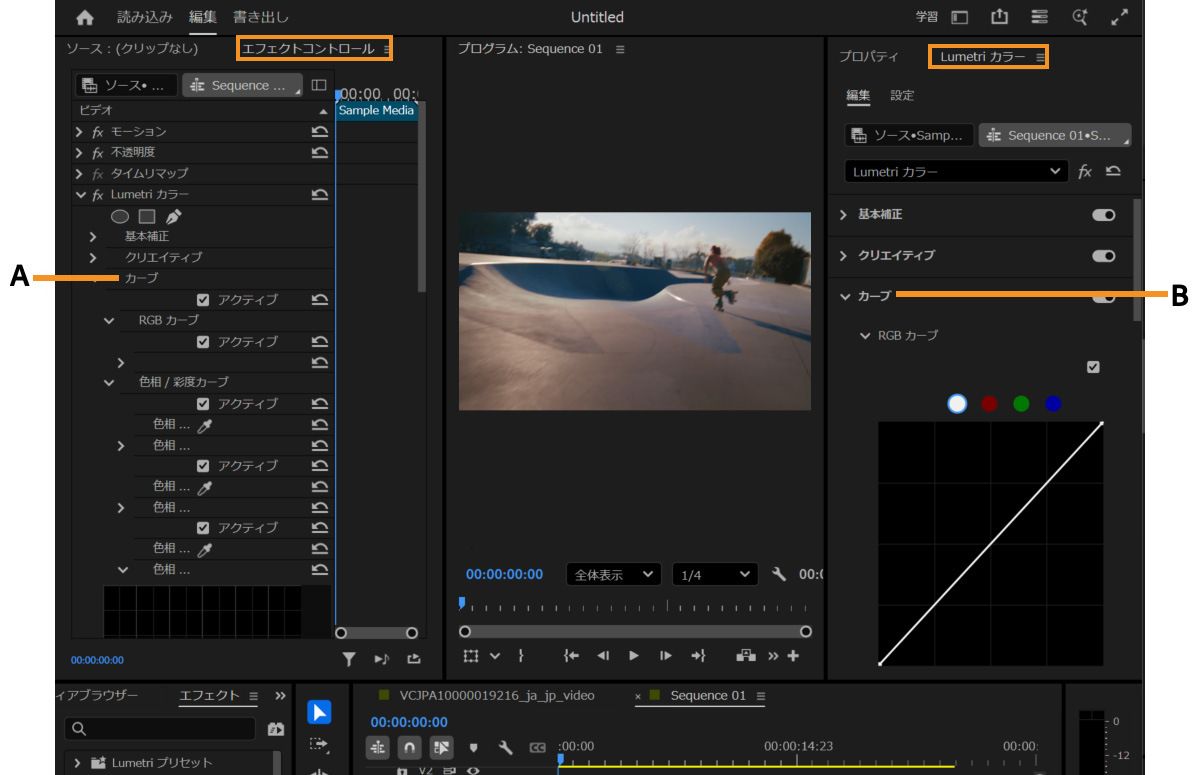 RGB カーブの調整に使用できる UI 要素をハイライト表示した概要画像。エフェクトコントロールパネルと Lumetri カラーパネルの 2 つのパネルと設定がハイライト表示されています。